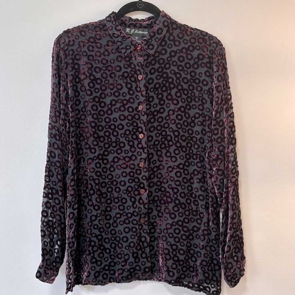 R.J. Collection Silk-Blend Blouse with Velvet Detail, Size L